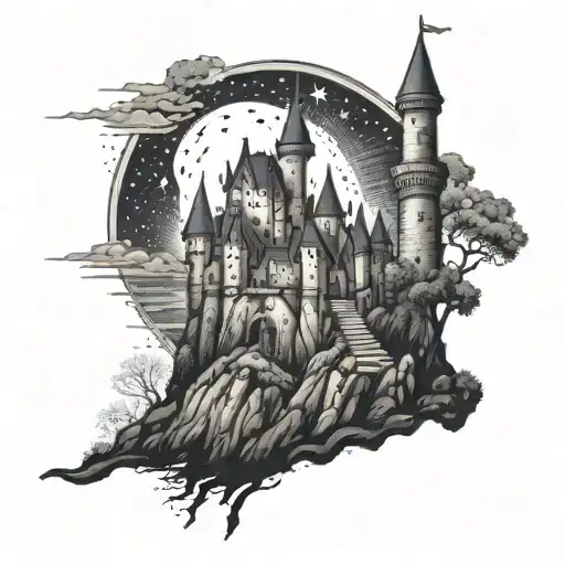 medieval castle behind corpses with night sky tattoo design idea