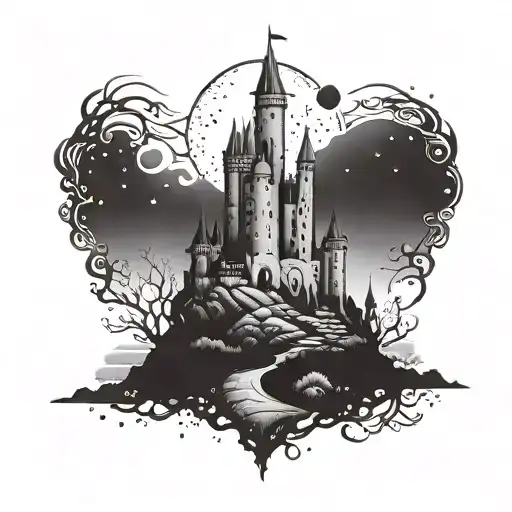 medieval castle behind street of corpses with night sky tattoo design idea