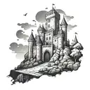 medieval castle behind street of dead with night sky tattoo design idea