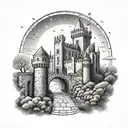 medieval castle behind street of dead with night sky tattoo design idea
