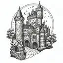 medieval castle behind street of dead with night sky tattoo design idea
