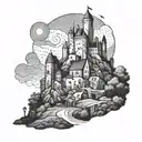 medieval castle behind street of dead with night sky tattoo design idea