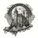 medieval castle behind corpses with night sky tattoo design idea