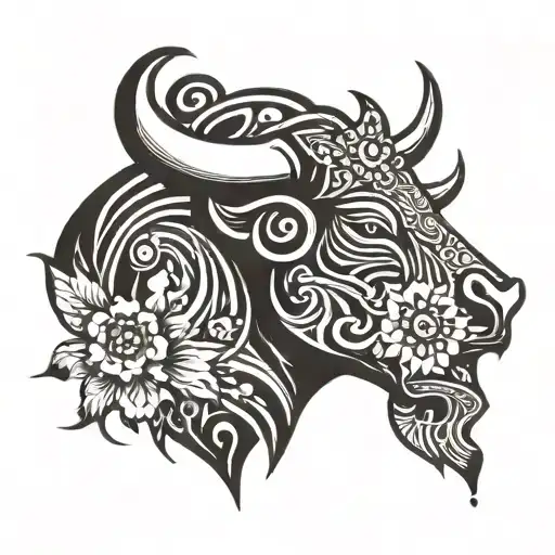 bull head with flower tattoo design idea