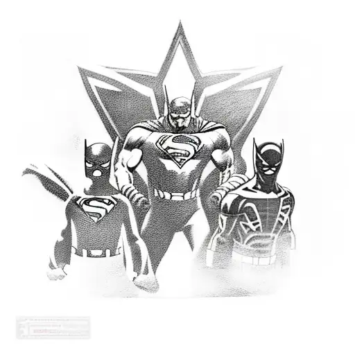 A new-school tattoo of a superhero trio (Superman, Spiderman, and Captain America) posing in front of famous landmarks from around the world tattoo design idea