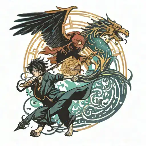 merging elements of martial arts with magical symbols from Harry Potter and Percy Jackson tattoo design idea