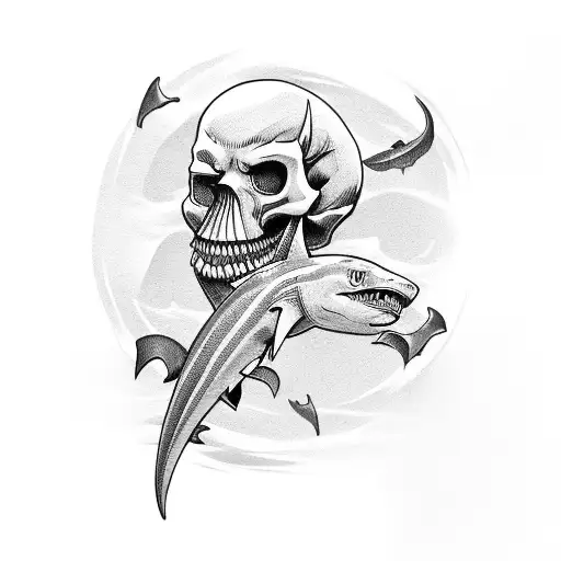 skull and sharks half sleeve tattoo design idea