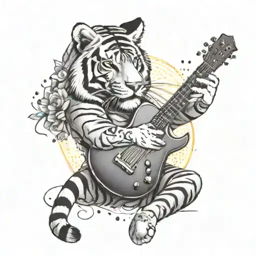 A tiger playing a musical instrument under a radiant sun, representing harmony and passion tattoo design idea
