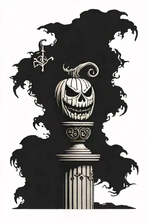 jack'o lantern on a post with one arm saying faith and the other saying world tattoo design idea