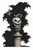 jack'o lantern on a post with one arm saying faith and the other saying world tattoo design idea