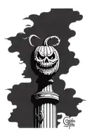 jack'o lantern on a post with one arm saying faith and the other saying world tattoo design idea