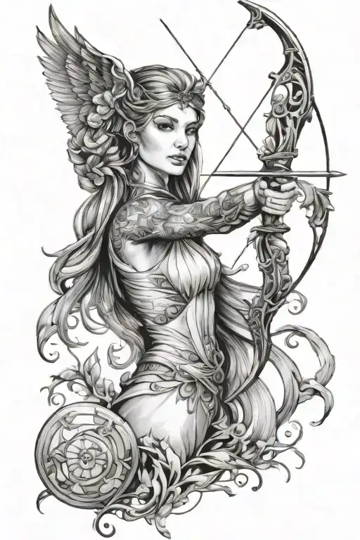 Forearm Tattoo of Artemis:  	•	Artemis: Show her as a graceful huntress with an athletic build. She has long hair, often tattoo design idea