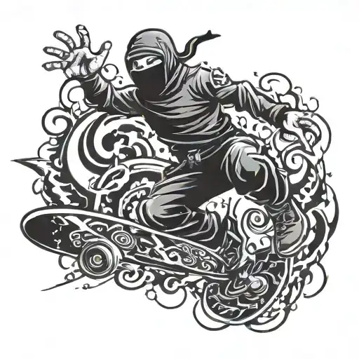 A ninja skateboarding while wielding a shuriken as a graffiti tag, surrounded by black fire tattoo design idea
