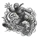 A ninja skateboarding while wielding a shuriken as a graffiti tag, surrounded by black fire tattoo design idea