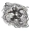 A ninja skateboarding while wielding a shuriken as a graffiti tag, surrounded by black fire tattoo design idea