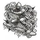 A ninja skateboarding while wielding a shuriken as a graffiti tag, surrounded by black fire tattoo design idea