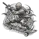 A ninja skateboarding while wielding a shuriken as a graffiti tag, surrounded by black fire tattoo design idea