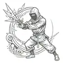 A ninja throwing a shuriken at a target painted with graffiti tags, with black flames in the background tattoo design idea