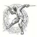 A ninja throwing a shuriken at a target painted with graffiti tags, with black flames in the background tattoo design idea