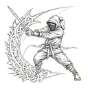 A ninja throwing a shuriken at a target painted with graffiti tags, with black flames in the background tattoo design idea