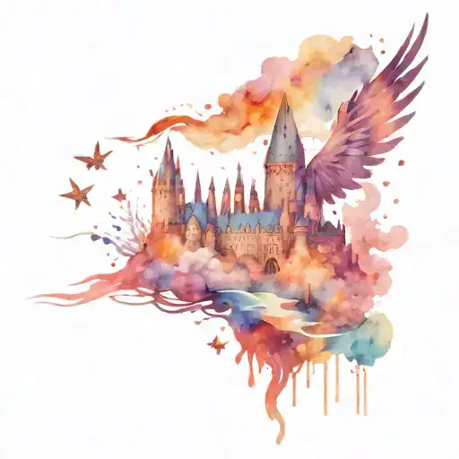Harry potter castle, phoenix, stars tattoo design idea