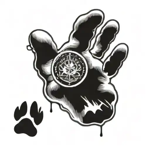 A detailed illustration of a military badge being handed down through generations, with a dog's paw print in the background tattoo design idea