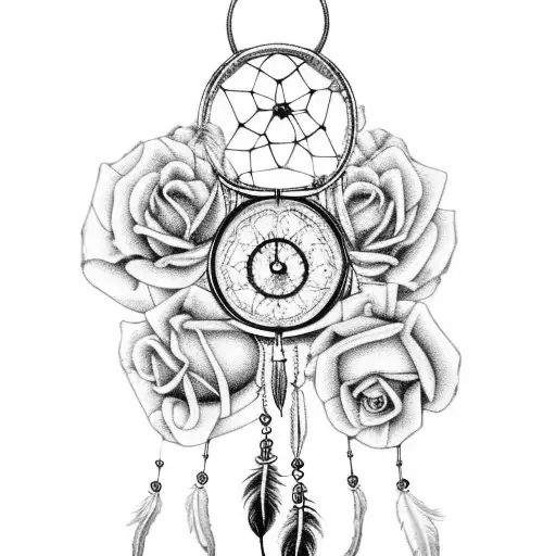 dream catcher, roses, poppies, cresent moon, pocket watch, revolver tattoo design idea