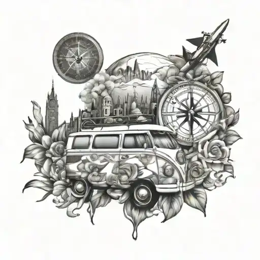 travel and flowers and van and family and compass and city panels tattoo design idea