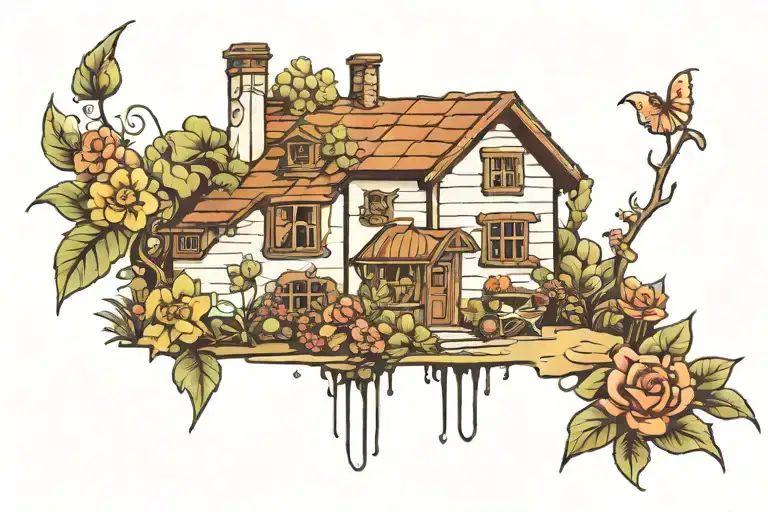 house with garden tattoo design idea