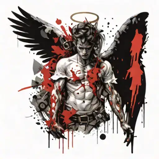 angel with wings watching demon tattoo design idea