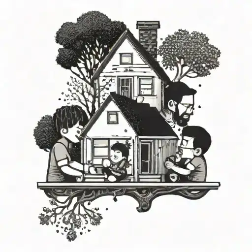Dotwork A dotted tattoo of a group of friends hanging out in a cozy house. tattoo design idea