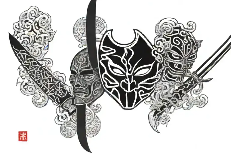Japanese half mask with two swords in their crossed scabbards tattoo design idea