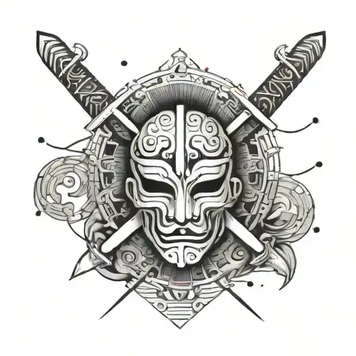 A minimalist geometric design of two crossed swords intersecting with a traditional Japanese mask, creating a symmetrical pattern tattoo design idea