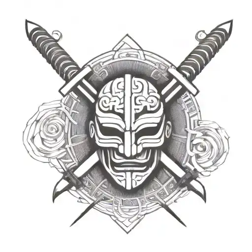A minimalist geometric design of two crossed swords intersecting with a traditional Japanese mask, creating a symmetrical pattern tattoo design idea
