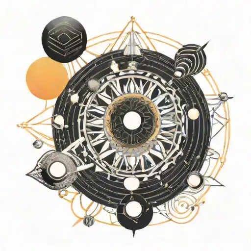 Sun surrounded by solar system with God watching acid melt tattoo design idea