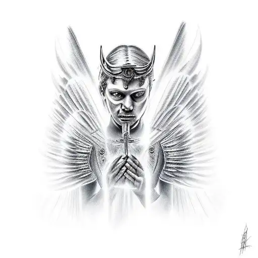Angel warrior looking to the left side, cries with blood, 4K tattoo design idea