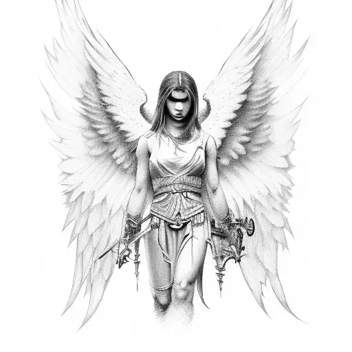 Angel warrior looking to the left side, cries with blood, banner tattoo design idea