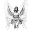 Angel warrior looking to the left side, cries with blood, banner tattoo design idea