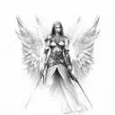 Angel warrior looking to the left side, cries with blood, banner tattoo design idea