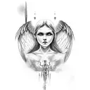 Angel warrior looking to the left side, cries with blood, banner tattoo design idea