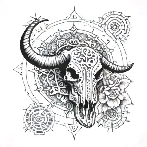 An intricate mandala incorporating elements of the client's favorite things like a buffalo skull and music notes tattoo design idea