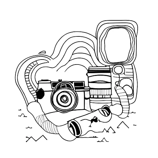 camera, whippet dog and mountains tattoo design idea