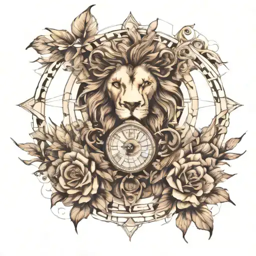 Lion, Roman clock with thorns wrapping tattoo design idea