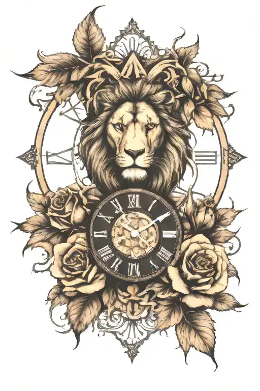 lion face, roman clock and rose thorn branch surrounded tattoo design idea