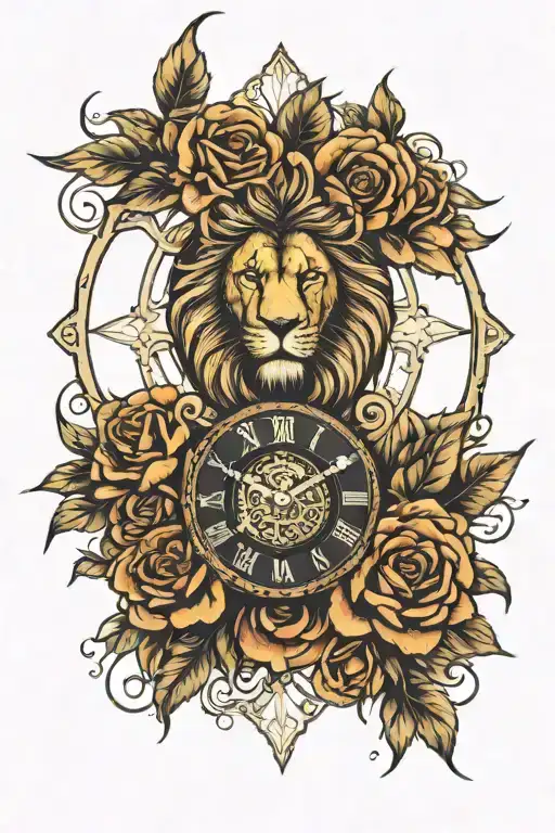 lion face, roman clock and rose thorn branch surrounded tattoo design idea