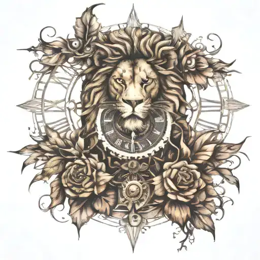 Lion, Roman clock with thorns wrapping tattoo design idea