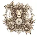 Lion, Roman clock with thorns wrapping tattoo design idea