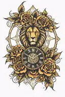lion face, roman clock and rose thorn branch surrounded tattoo design idea