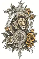 lion face, roman clock and rose thorn branch surrounded tattoo design idea