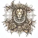 Lion, Roman clock with thorns wrapping tattoo design idea
